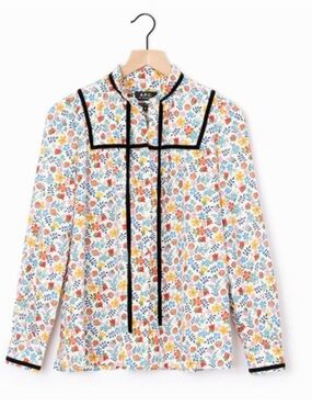 A.P.C. Abbott Liberty Floral Cotton Blouse Velvet Trim Tie Neck Size 38